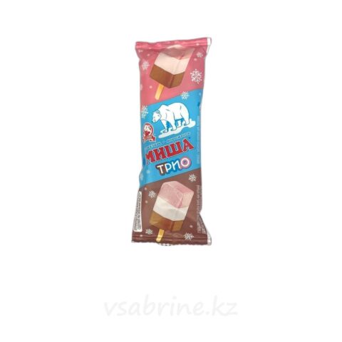 Мороженое Миша Трио с ароматом ванили, клубники и шоколада.